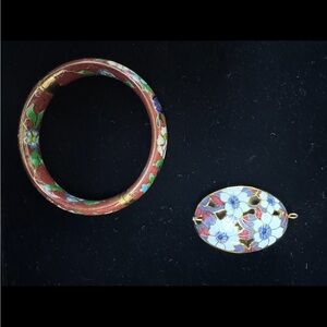 Vintage Hand-Painted Red Cloisonné Floral Bangle with Matching Pendant